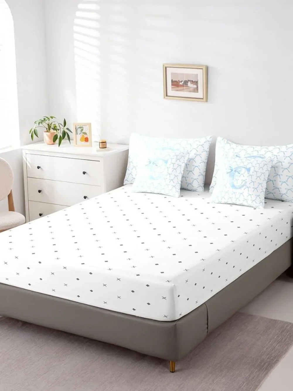 7 Pcs Cartoon Bowknot Kids Comforter Queen Size,Blue Bow Tie Letter C Knot Princ